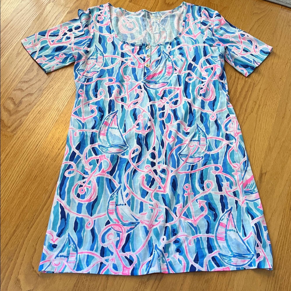 Lilly Pulitzer Gavyn Dress Skim Blue Reel Nauti Cotton Jersey Dress Large